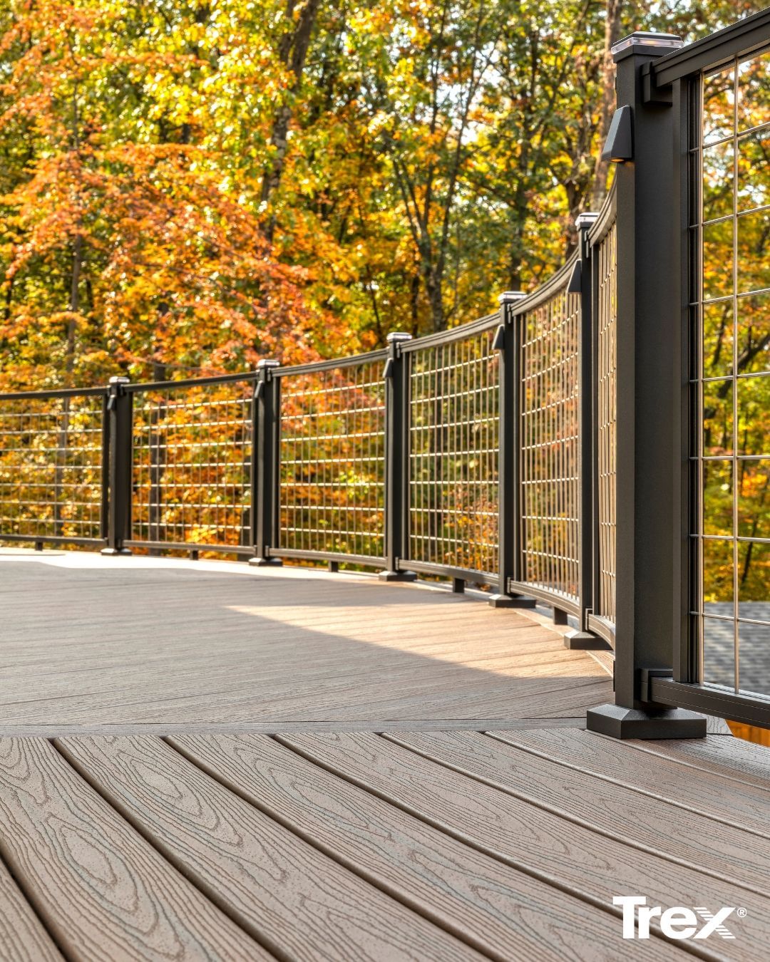 A curved Trex composite deck with a black metal frame and wire mesh railing, overlooking autumn trees.