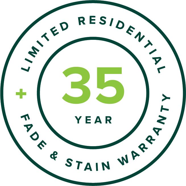 A round logo reading 35 Year Limited Residential Fade & Stain Warranty in green text on a white background.
