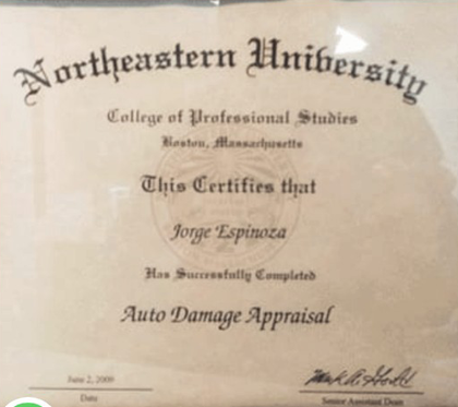 Certificate from Northeastern University for Jorge Espinoza, Auto Damage Appraisal.