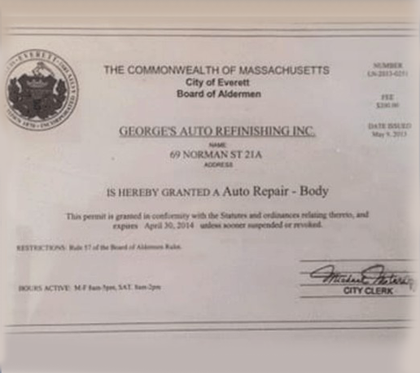 A business permit from the City of Everett, Massachusetts, for George's Auto Refinishing Inc. for Auto Repair - Body.