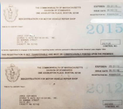 Two Massachusetts Motor Vehicle Repair Shop registrations from 2012 and 2015.