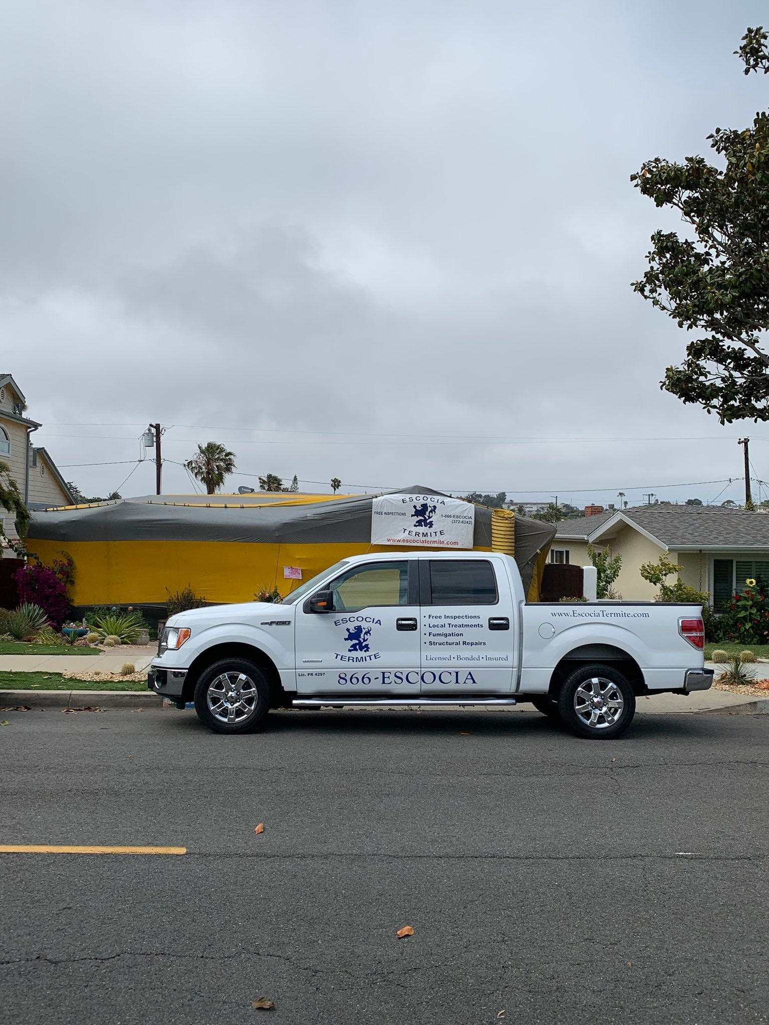 A white truck is parked on the side of the road in front of a house.