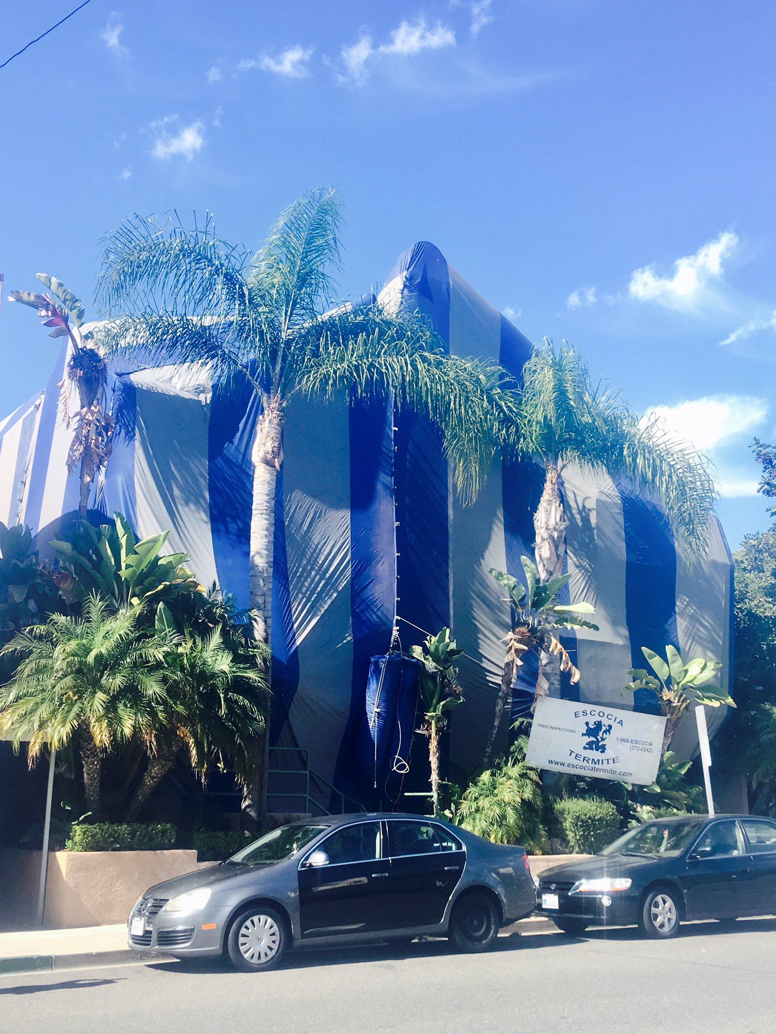 Two cars are parked in front of a large building