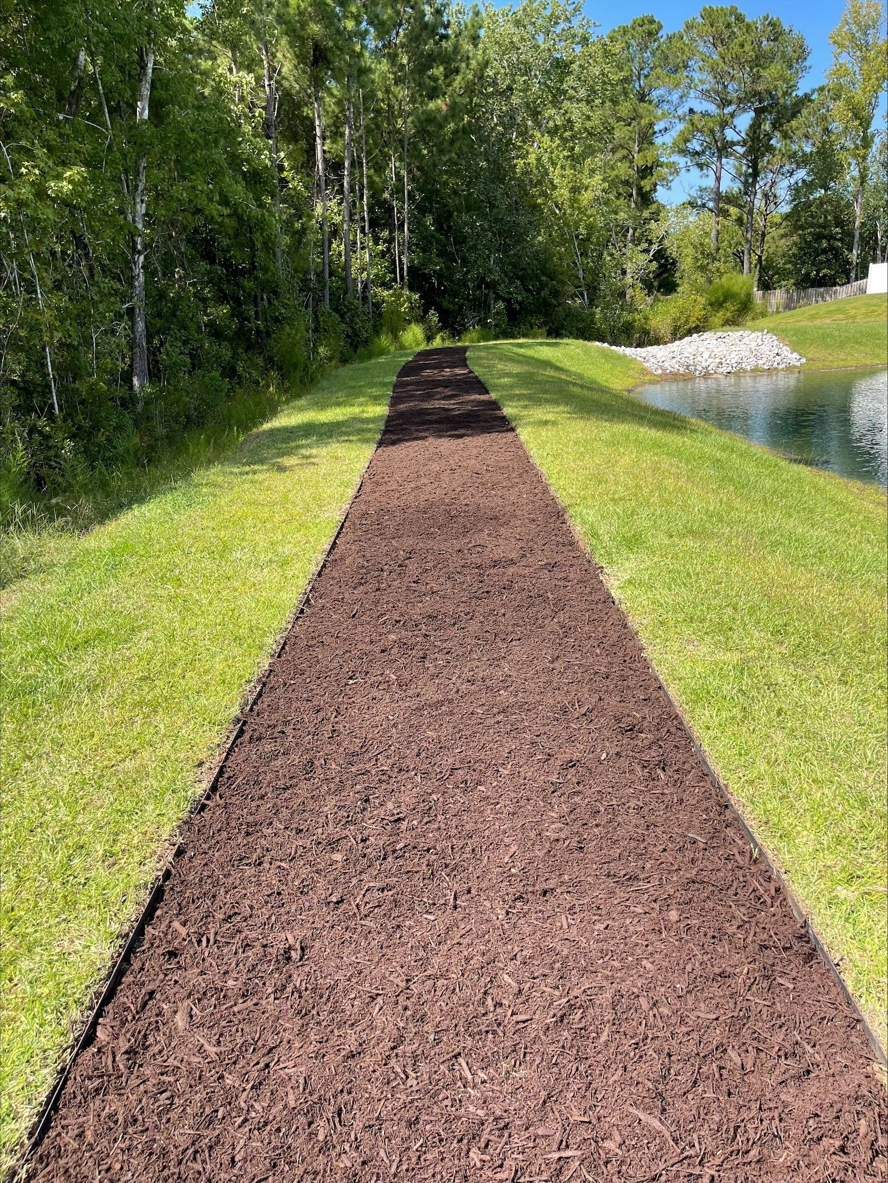 A mulched path between green grass, leading towards a pond and trees.