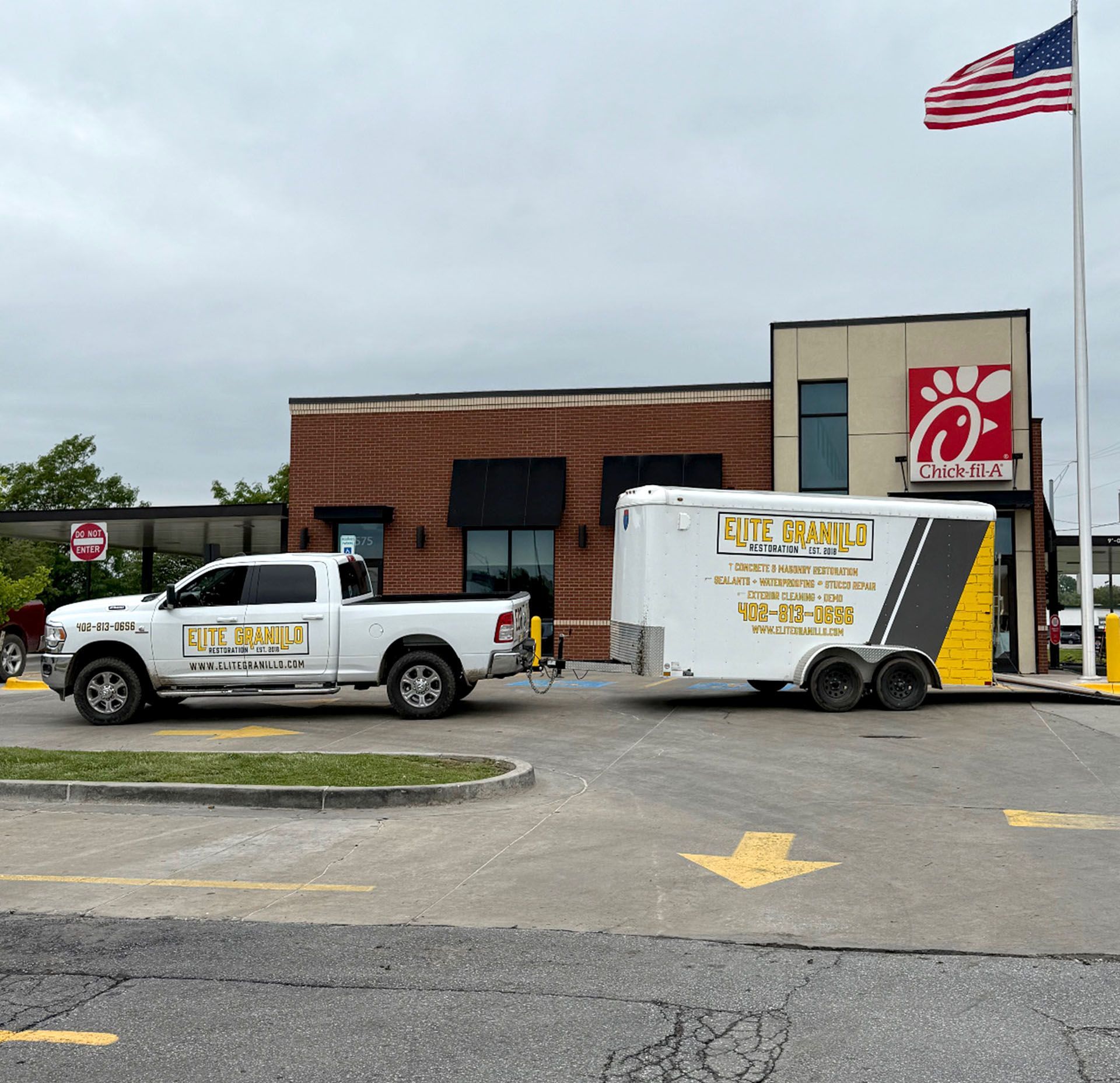 Elite Granillo Restoration work truck at a commercial restoration project in the Omaha area