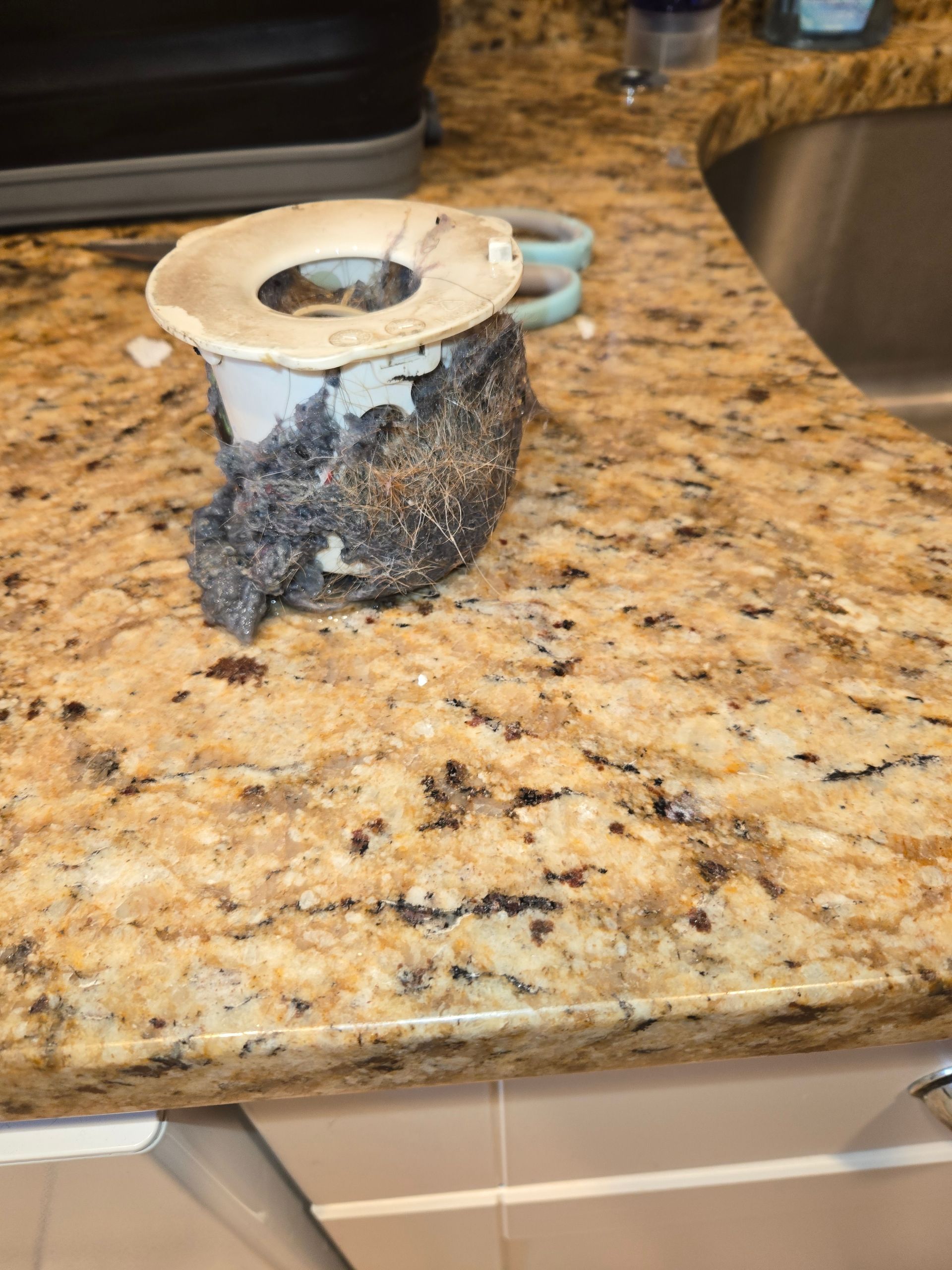 Scorched black object on a granite kitchen countertop near a sink