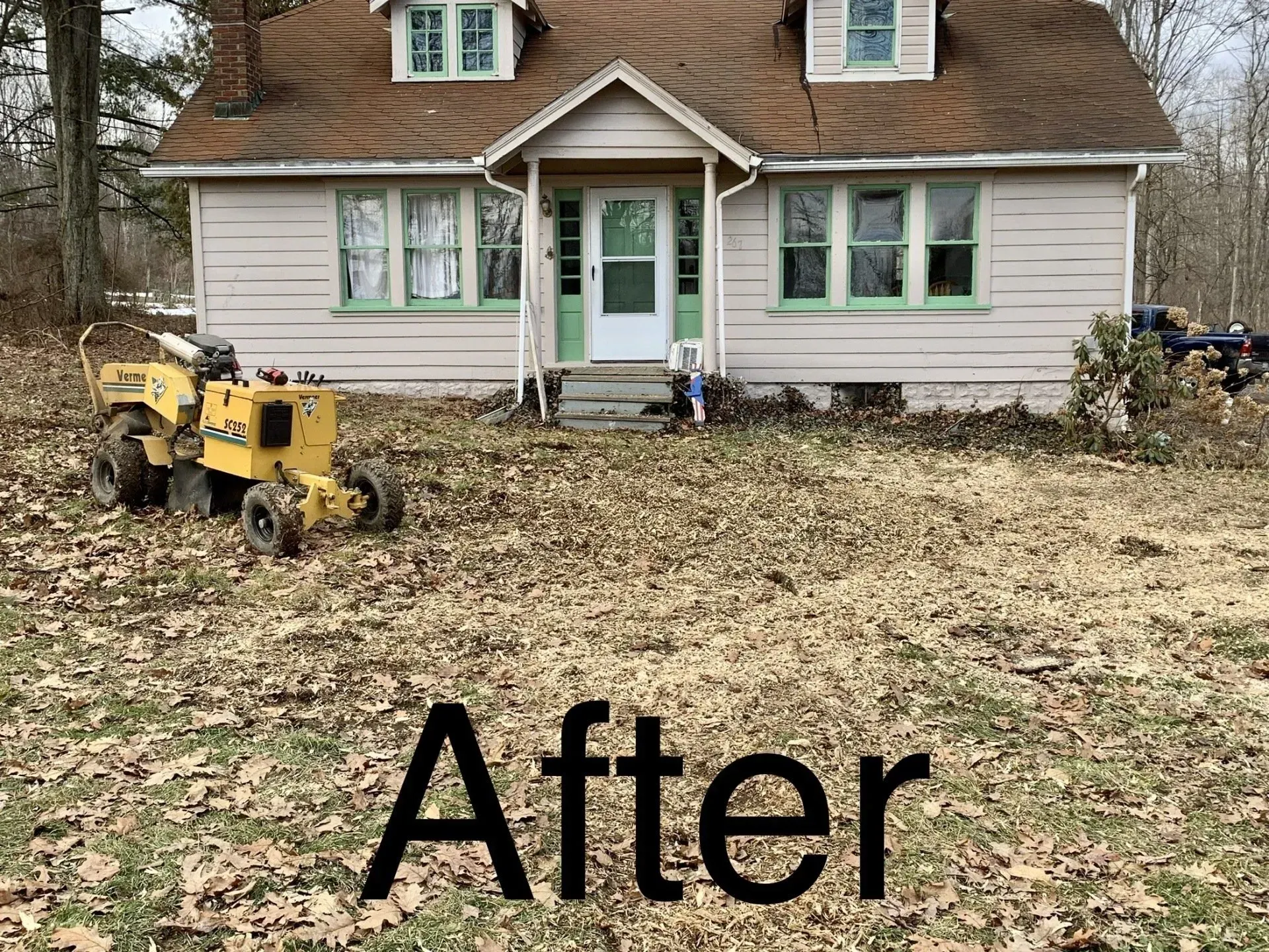 A small pink house with green trim; lawn covered in dead leaves with a stump grinder in view.
