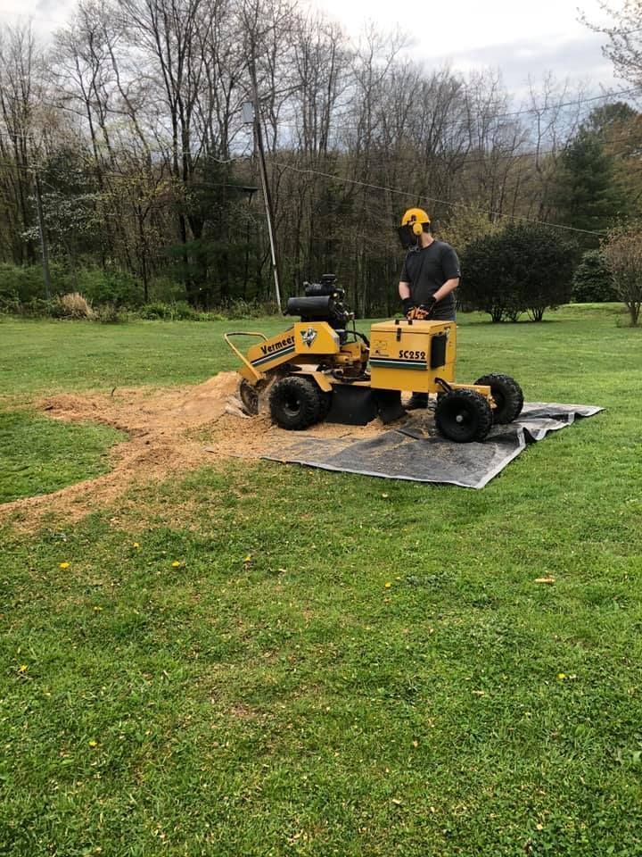 A person using a yellow stump grinder on a lawn, removing tree stump.