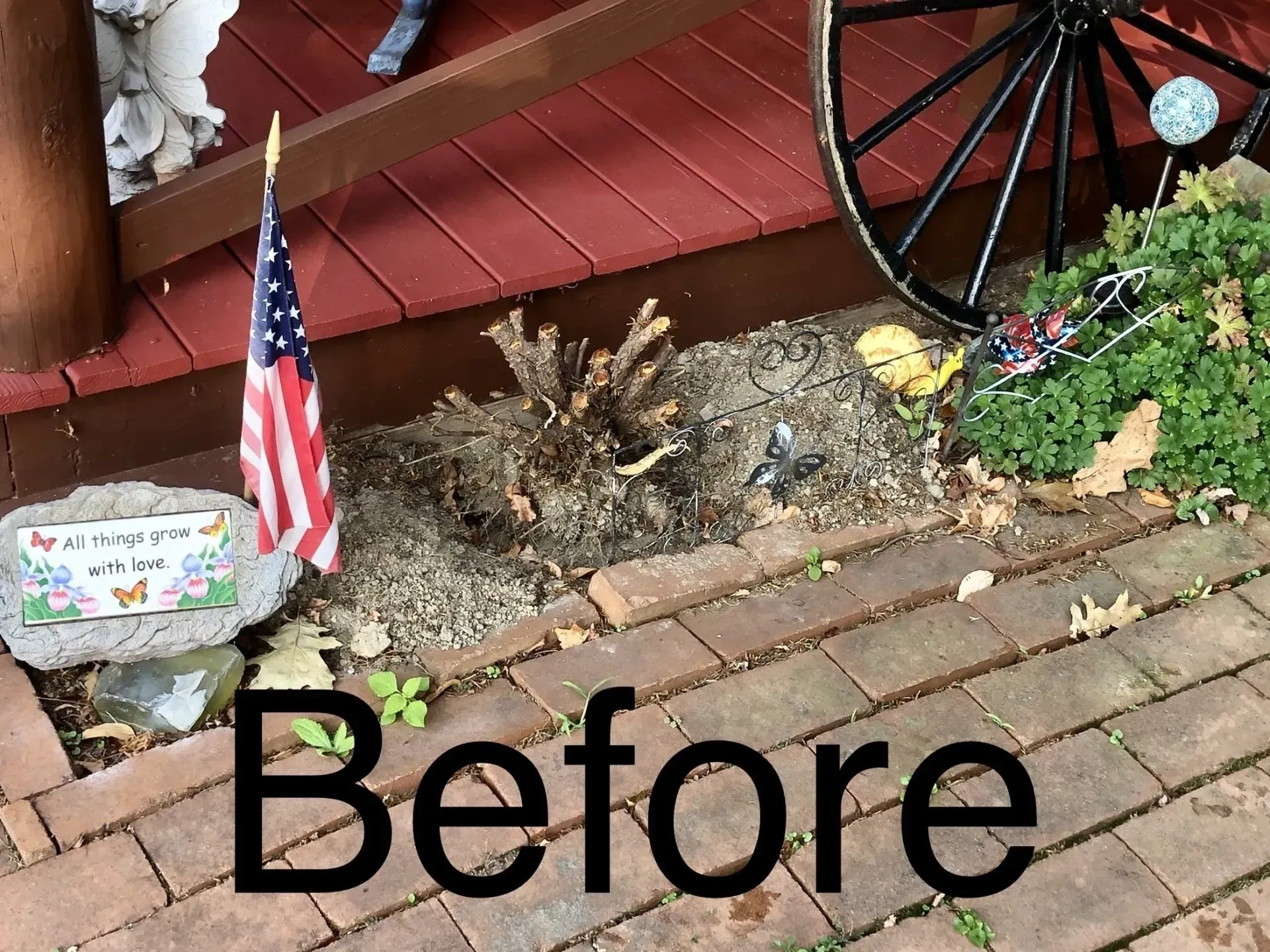 A before shot of a neglected flowerbed with dead plants, next to a brick walkway and porch with an American flag.
