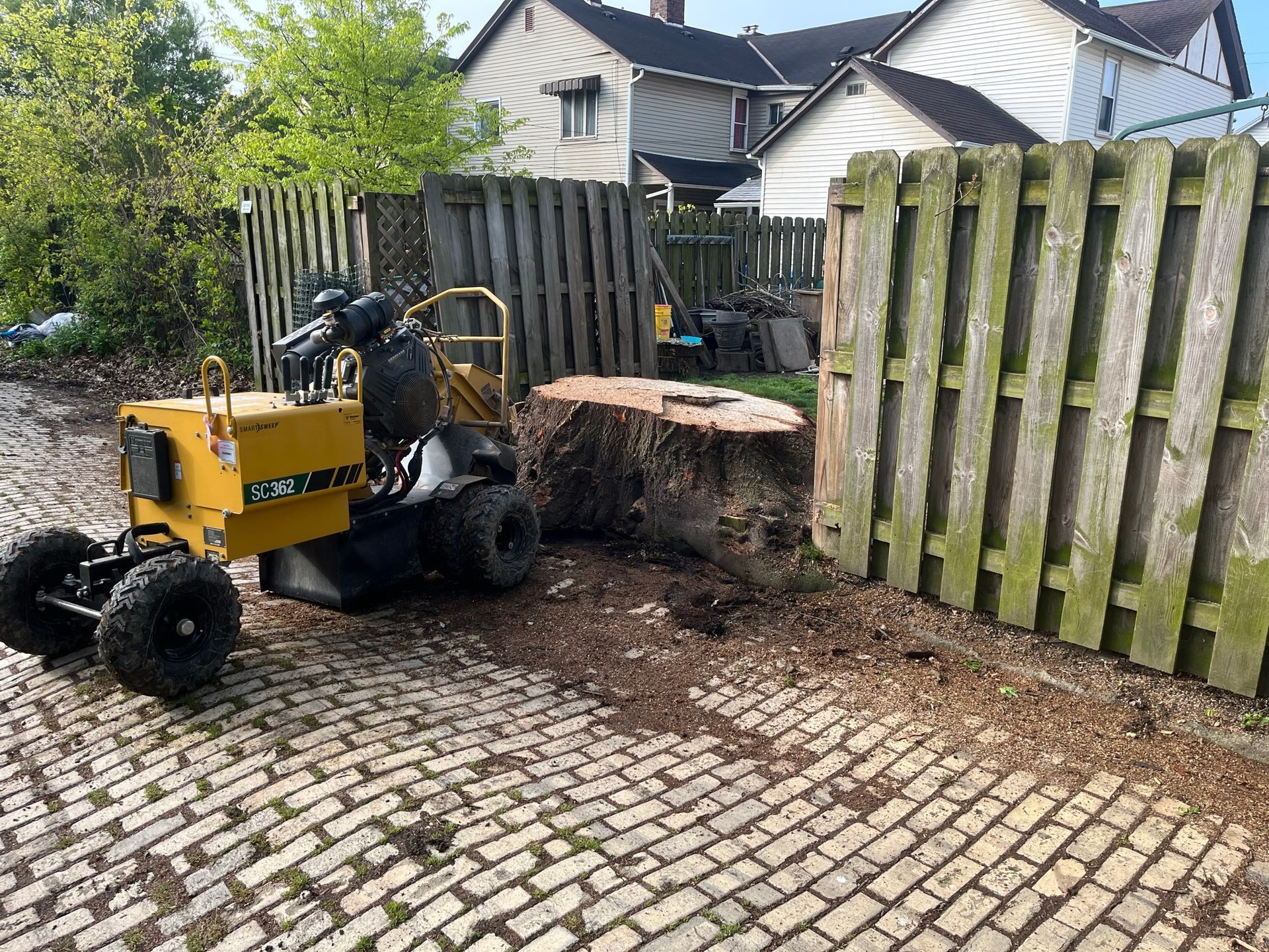 Yellow stump grinder next to a large tree stump, next to a wooden fence on a brick patio.