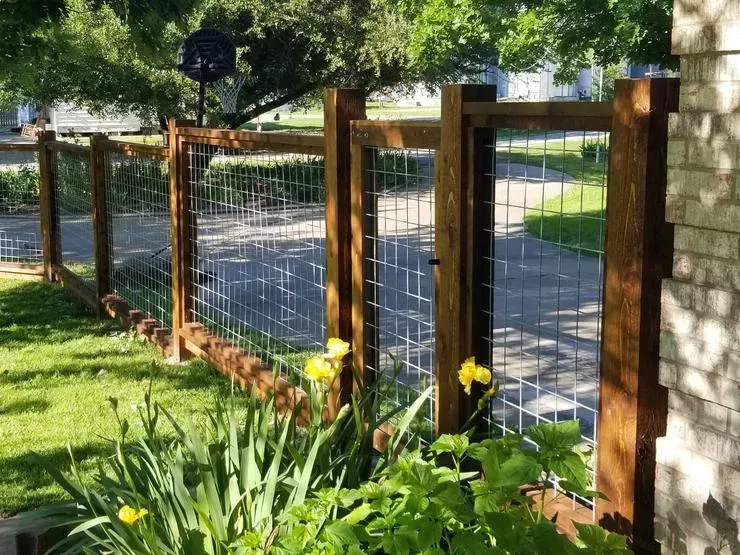 Wooden fence with wire mesh along a sunlit garden path beside green grass and yellow flowers