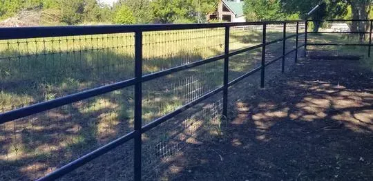 Black metal fence along a shaded dirt path beside a grassy field and trees