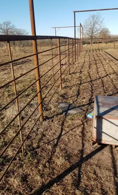 Rusty metal fence running through a dry, grassy field under a clear sky