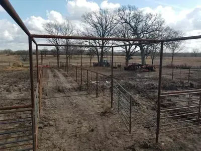 Rural livestock pen with metal fences and a dirt path under a cloudy sky