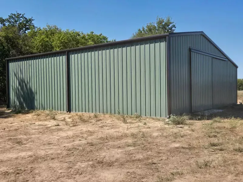 Green metal storage shed in a dry, grassy clearing with trees in the background