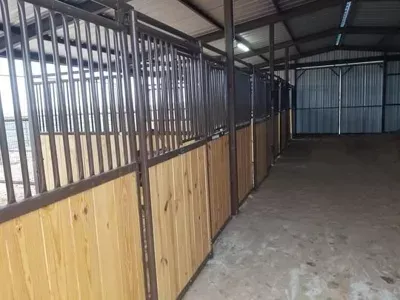Empty indoor stable with metal stalls and wooden lower panels
