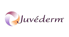 Juvederm logo: abstract swirl design in shades of purple, peach, and white with company name.