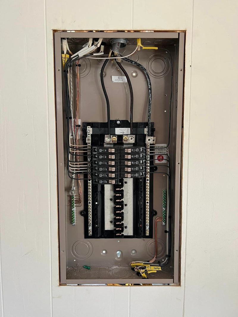 A electrical panel is installed in a wall.