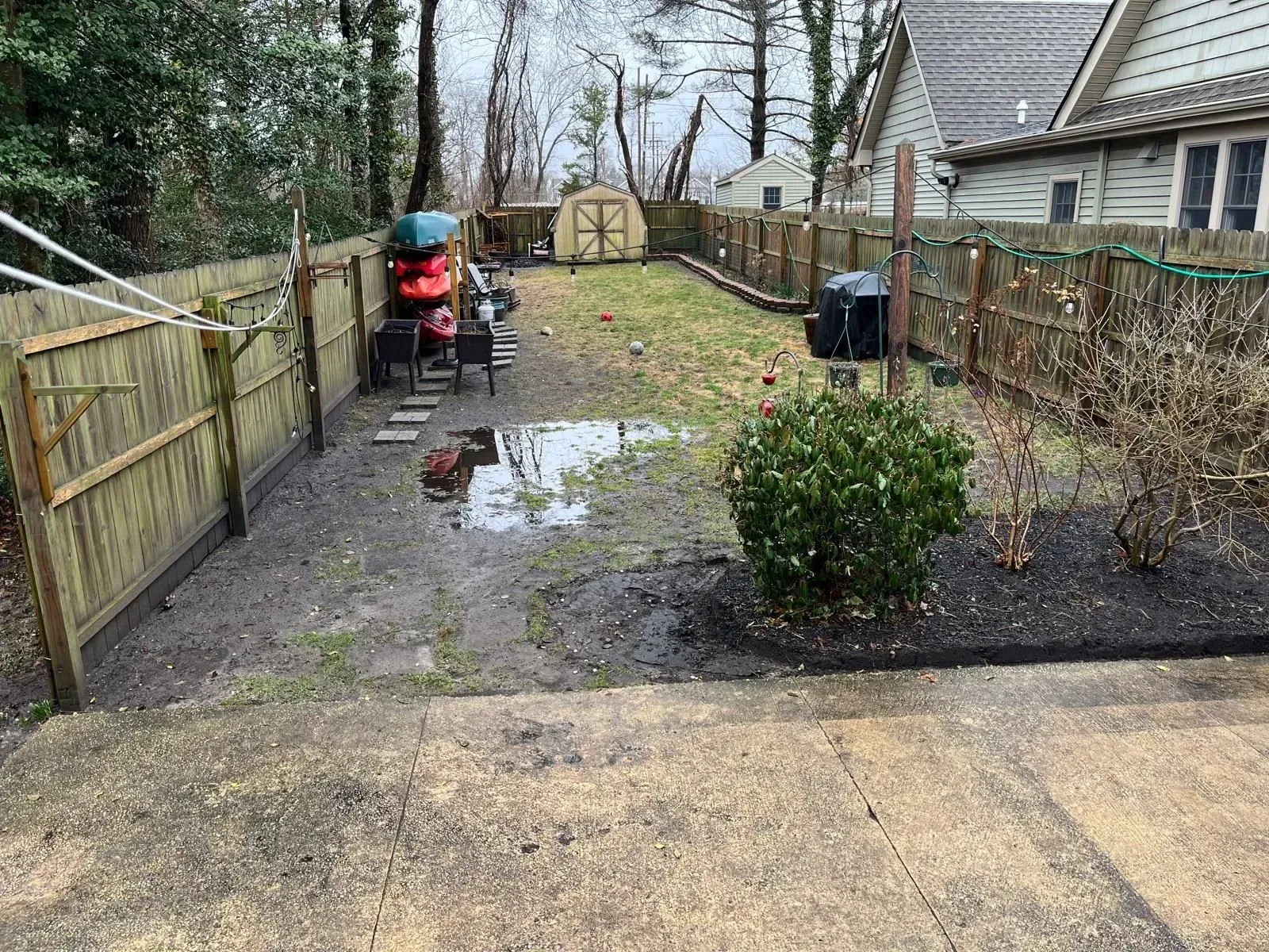 A muddy backyard on an overcast day, featuring a puddle, a wooden fence, a small shed, and a trimmed green bush.