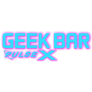 The logo for geek bar pulse x is blue and pink on a white background.