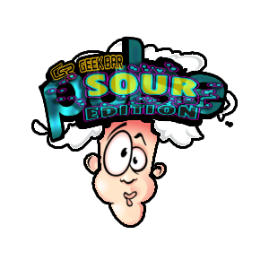 A logo for geek bar sour edition with a cartoon character