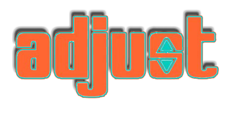 The word adjust is written in orange and blue letters on a white background.