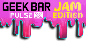 A geek bar jam edition logo with a purple background