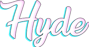 The name hyde is written in pink and blue on a white background
