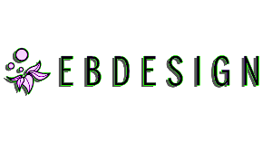 A logo for ebdesign with a purple flower on a white background.