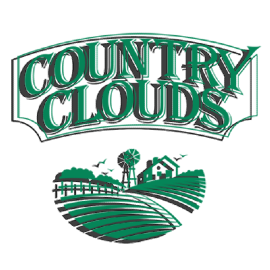 A logo for country clouds with a picture of a farm