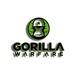 A logo for gorilla warfare with a gorilla wearing a hat