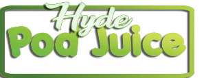The logo for hyde pod juice is green and white.
