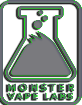 A logo for monster vape labs with a beaker and bubbles coming out of it.