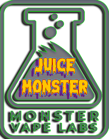A logo for juice monster monster vape labs with a beaker on a white background.