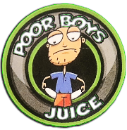 The logo for poor boys juice has a cartoon man with his hands in his pockets