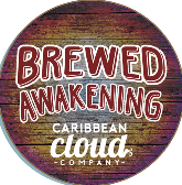 The logo for brewed awakening caribbean cloud company is a wooden sign.