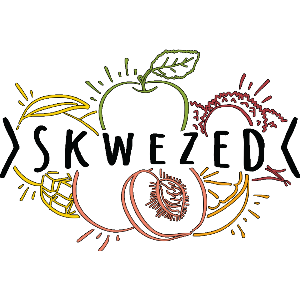 A logo for a company called skewezed with a peach , apple , and banana.