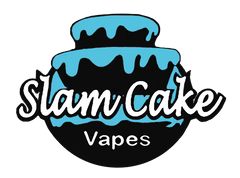 The logo for slam cake vapes has a cake on it.