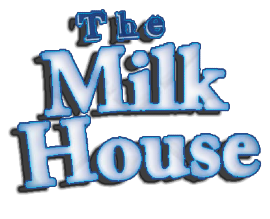A blue and white logo for the milk house