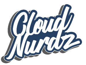 A blue and white logo for cloud nurdz on a white background