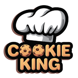 A cookie king logo with a chef 's hat and a cookie on it.