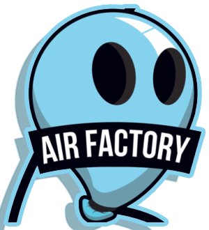 A logo for air factory shows a blue balloon with two eyes