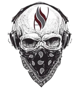 A drawing of a skull wearing headphones and a bandana
