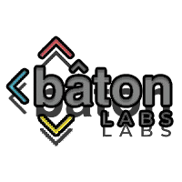 A logo for baton labs with arrows and a shadow on a white background.