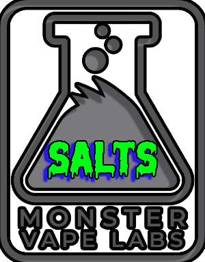 A logo for monster vape labs shows a beaker with the word salts on it.