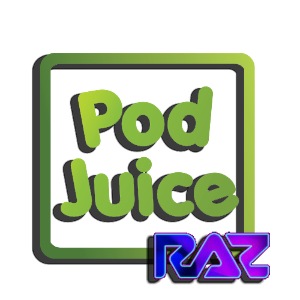 A green and purple logo for pod juice raz