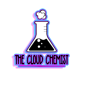 The logo for the cloud chemist is a beaker with smoke coming out of it.