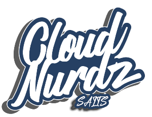 A blue and white logo for cloud nurdz says