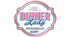The logo for dinner lady is a red , white and blue logo.