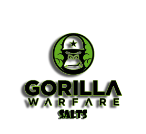 A logo for gorilla warfare salts with a gorilla wearing a hat